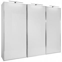 Velká bílá skříň se skleněným povrchem, kovové chromované úchyty, 68x249x222 cm