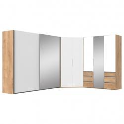 Moderní skříň s posuvnými dveřmi dekor dřevo + bílé sklo, 3x šuplík, 200x236x65 cm