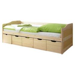 Dětská jednolůžková zvýšená postel se zábranou na jedné straně, úložné prostory, přírodní, 90x200 cm