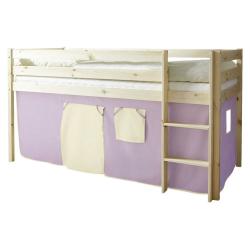 Dětská domečková postel masivní dřevo vyvýšená, závěs fialová / béžová, 200x90 cm