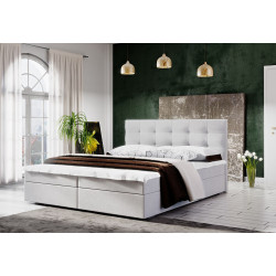 Levná manželská čalouněná postel 160x200 s roštem, matrací a topperem, krémová