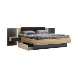Moderní manželská postel dub kraft / tmavě šedá 160x200 se širokým čelem s nočními stolky a matrací H4