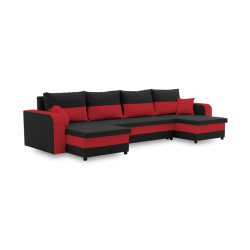 Rozkládací levná sedačka U s úložným prostorem, na sezení i spaní, černá / červená, 309x139 cm