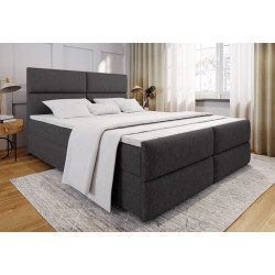 Moderní manželská postel boxspring tmavě šedý látkový potah, matrace + topper, 180x200 cm