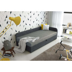 Dětská čalouněná postel jednolůžko s roštem a matrací 90x200 cm, úložný prostor, šedá, pravý roh