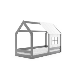 Levná dětská dřevěná postel domeček s matrací a roštem 160x80 cm, šedá / bílá