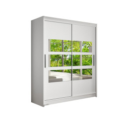 Bílá ložnicová skříň v moderním stylu se zrcadlovými pásy 150 cm, 4 police, 150x200x58 cm