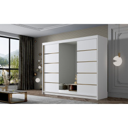 Velká moderní skříň s posuvnými dveřmi bílá + zlatá do ložnice / pokoje 200x215x58 cm