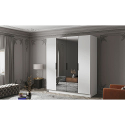 Moderní ložnicová skříň 200 cm otočné dveře se zrcadlem bílá + černé úchytky 200x216x60 cm